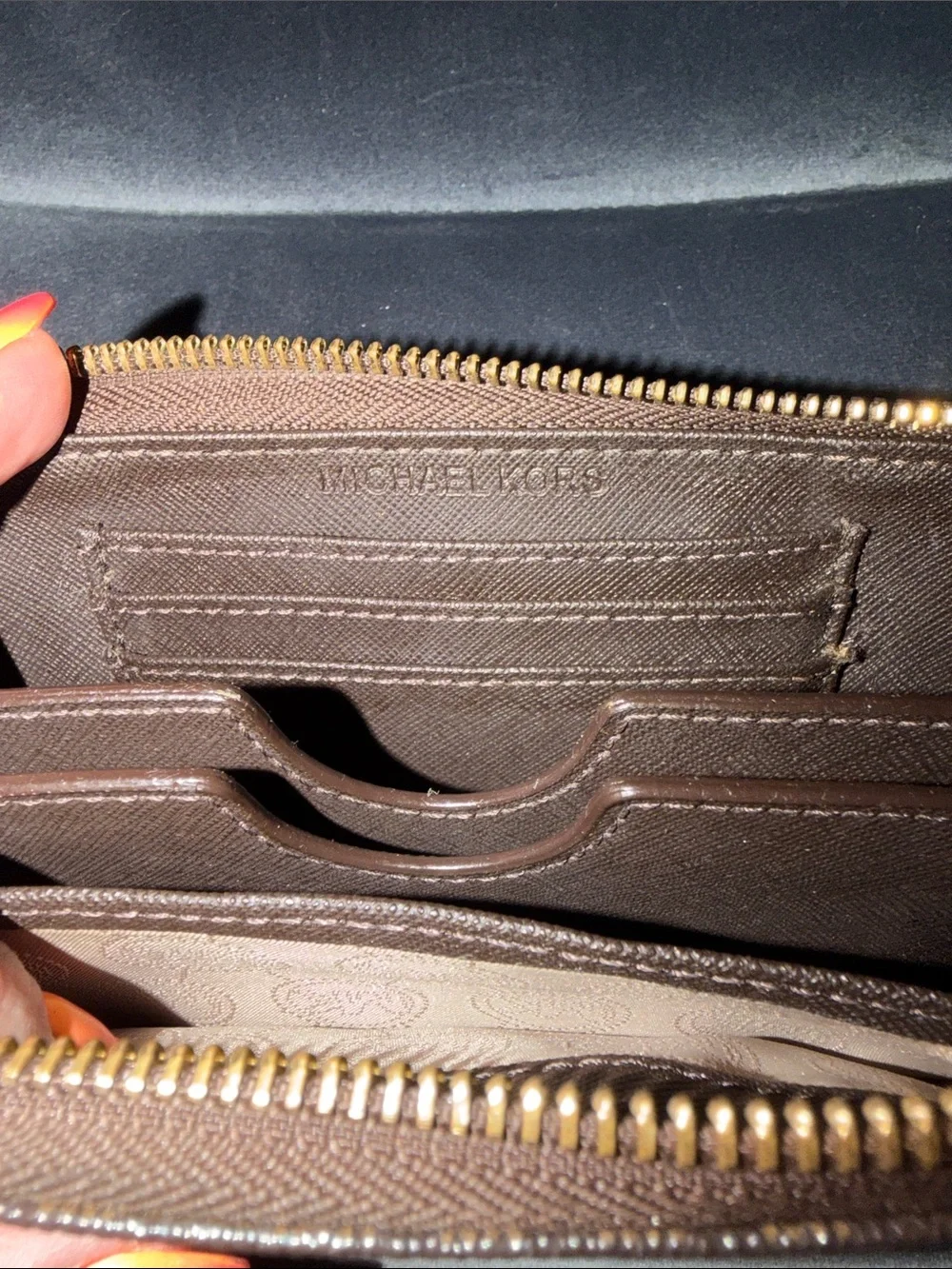Michael Kors Dark Brown Signature Zip Wallet with Gold Plaque